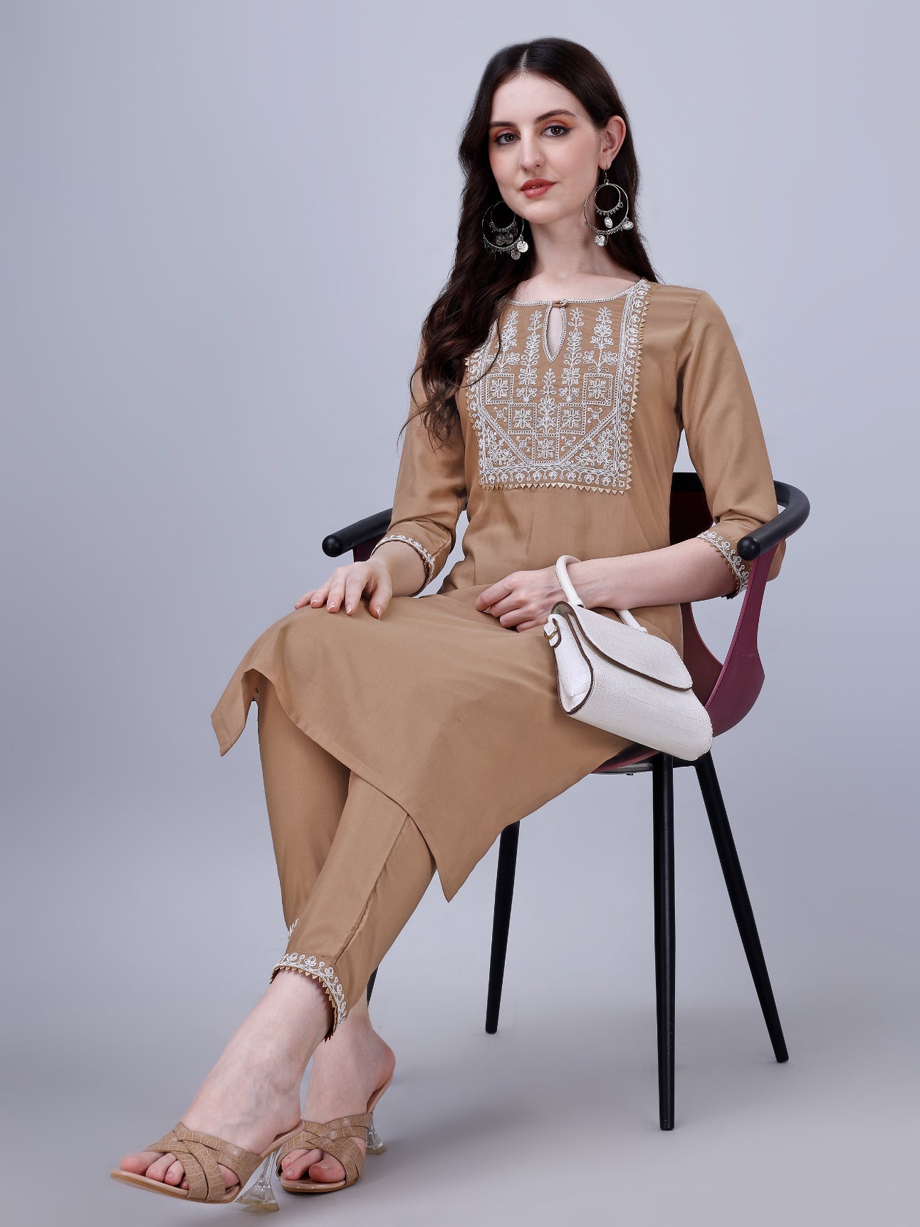 NOZ2TOZ Women's Silk Blend Embroidered Kurti And Pant Set - Brown - Distacart