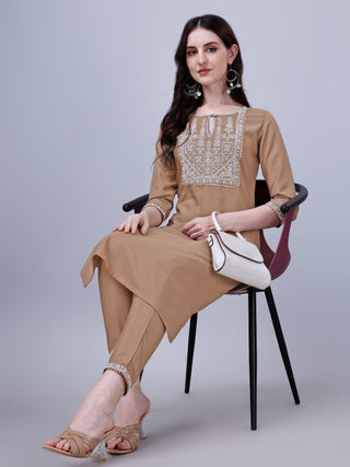 NOZ2TOZ Women's Silk Blend Embroidered Kurti And Pant Set - Brown - Distacart