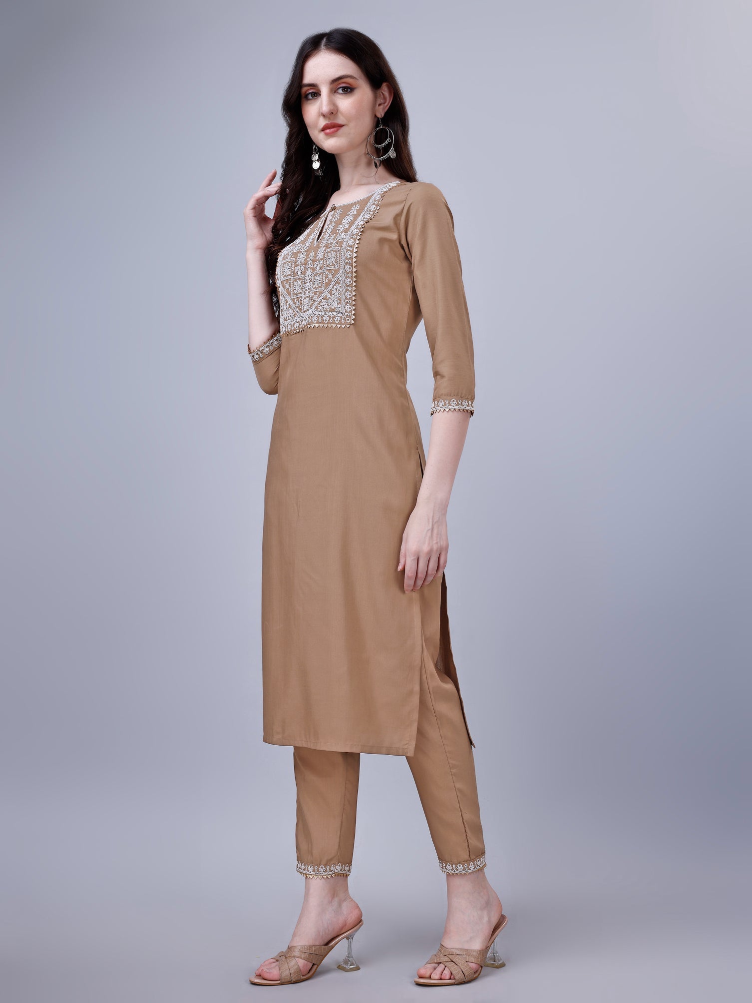 NOZ2TOZ Women's Silk Blend Embroidered Kurti And Pant Set - Brown - Distacart