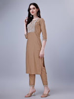 Thumbnail for NOZ2TOZ Women's Silk Blend Embroidered Kurti And Pant Set - Brown - Distacart