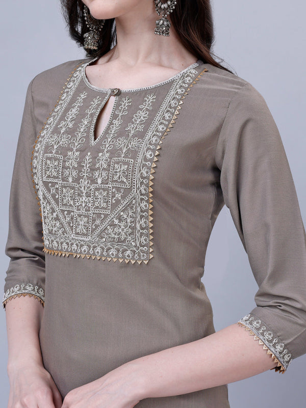 NOZ2TOZ Women's Silk Blend Embroidered Kurti And Pant Set - Grey - Distacart