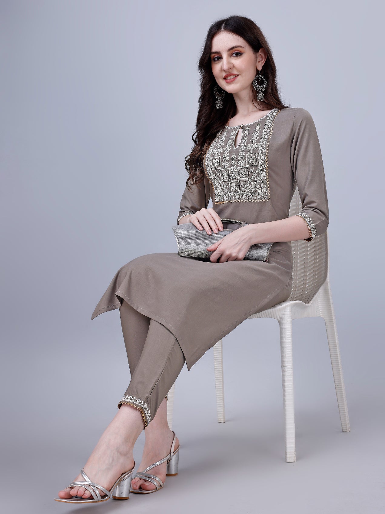 NOZ2TOZ Women's Silk Blend Embroidered Kurti And Pant Set - Grey - Distacart