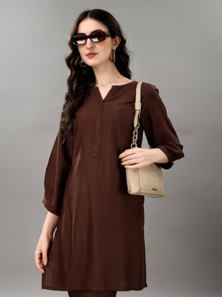 NOZ2TOZ Women's V Neck Knee Length 3/4 Sleeves Solid Rayon Co-Ords Set - Brown - Distacart