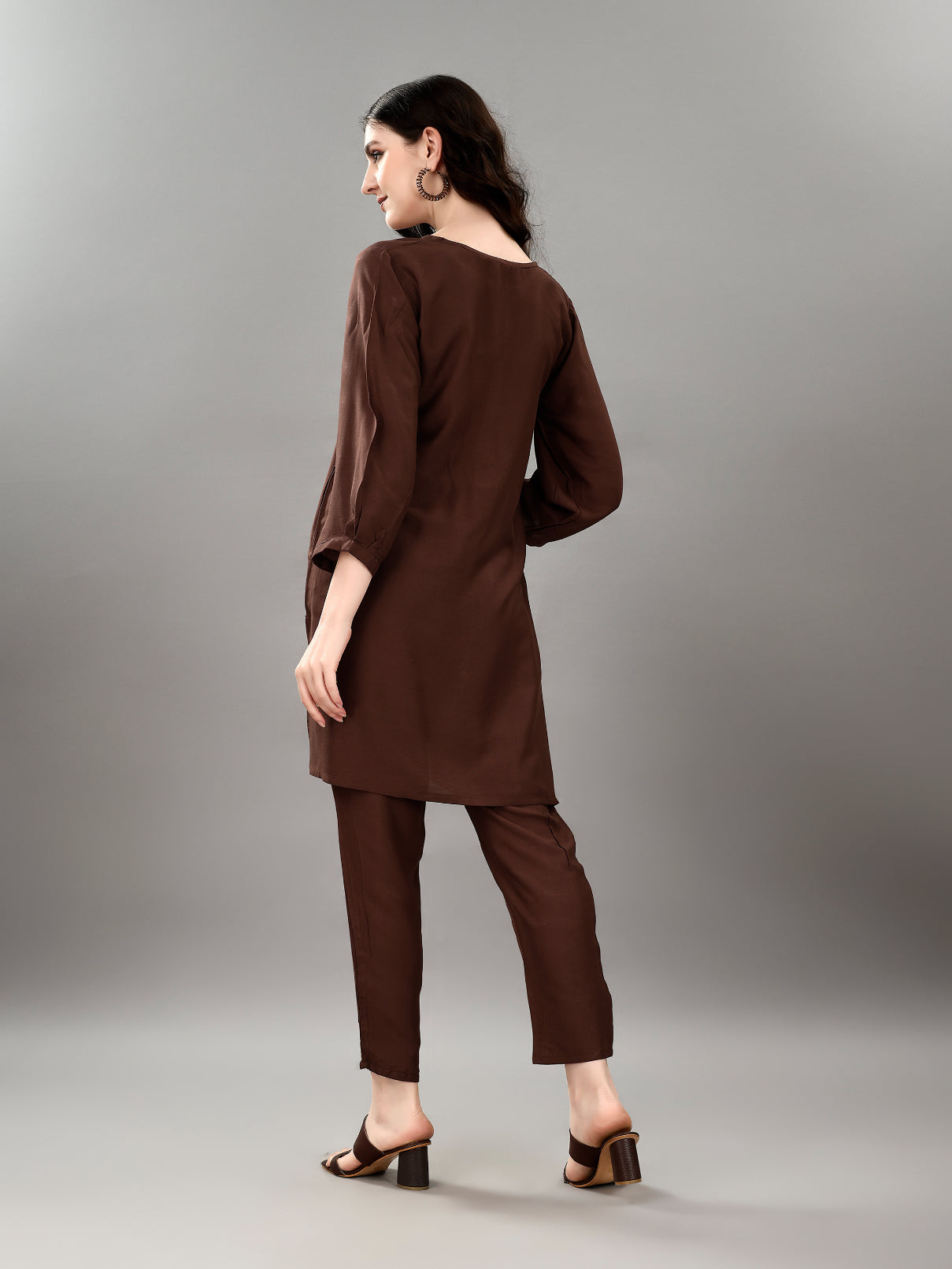 NOZ2TOZ Women's V Neck Knee Length 3/4 Sleeves Solid Rayon Co-Ords Set - Brown - Distacart