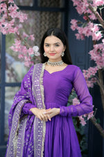 Thumbnail for Jyoti Fashion Women's Purple Tabby Silk Designer Kurta with Trouser & Dupatta - Distacart