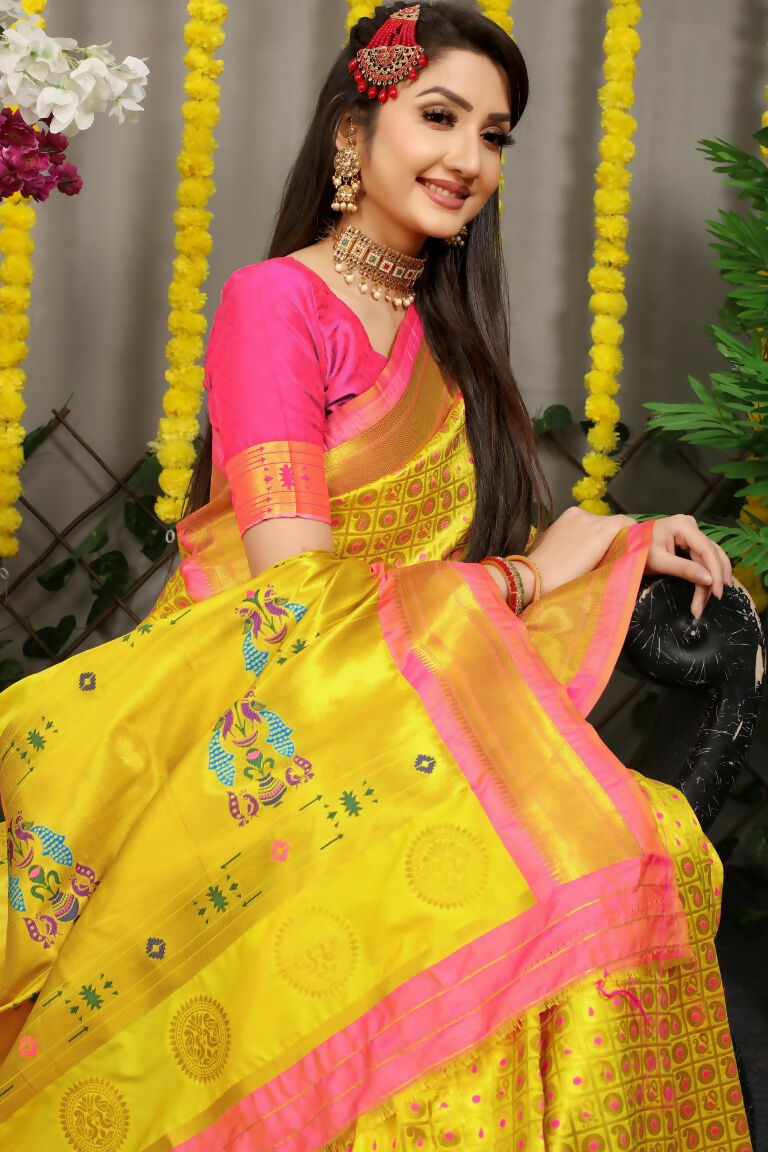 Jyoti Fashion Women's Yellow Banarasi Silk Zari Woven Saree with Blouse - Distacart