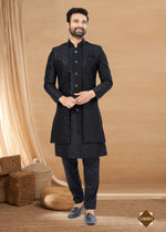 Thumbnail for Joban Fashion Men's Black Heavy Art Silk Double Finish Plain Indowestern - Distacart