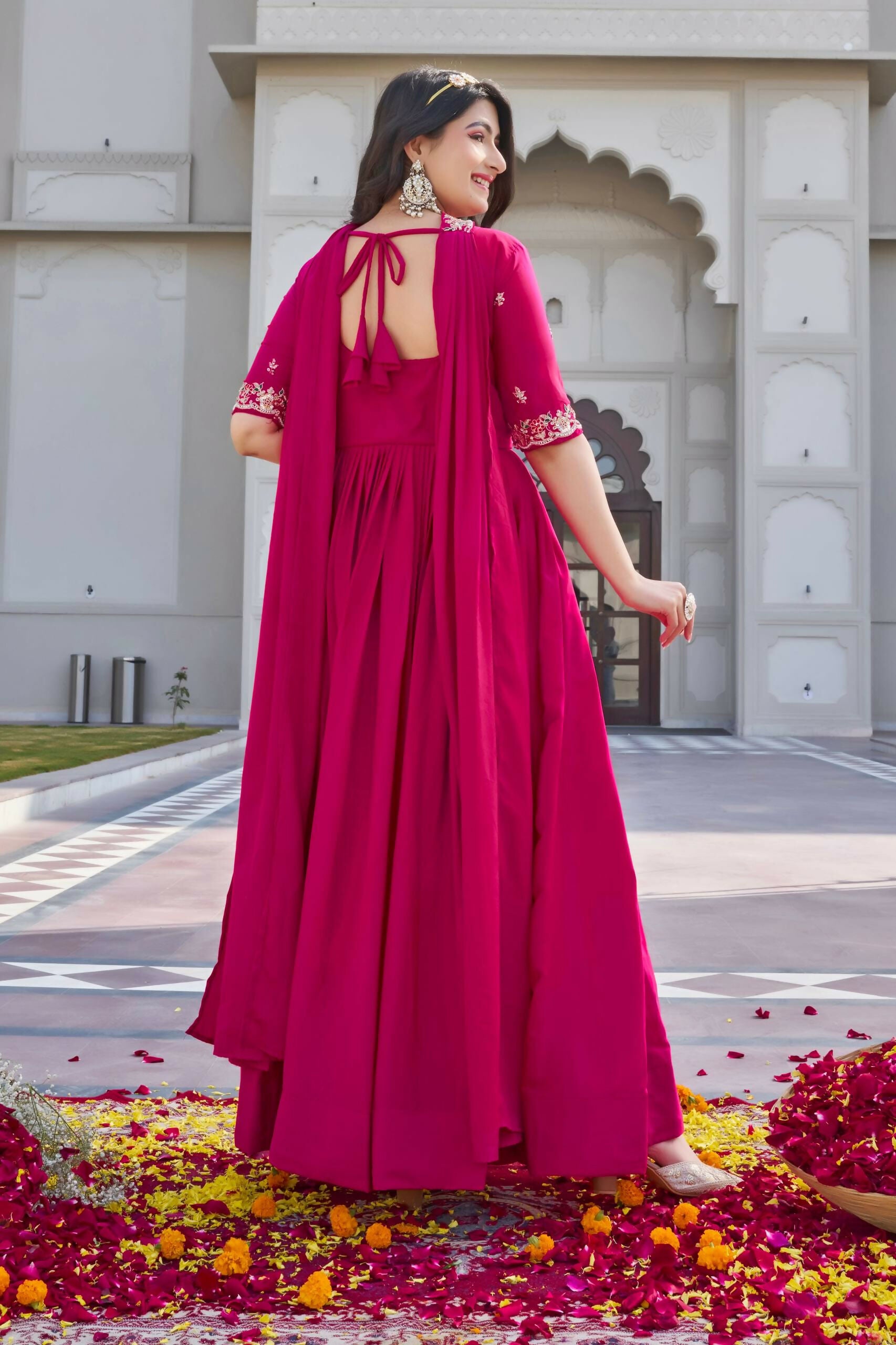 Teeya Creation Womens New Trendy Heavy Cording Sequence & Beads Embroidery Work Pink Gown Set - Dista