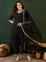 Thumbnail for Sangria Zari Sequence Embroidered Straight Kurta & Trousers With Dupatta