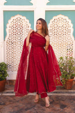 Thumbnail for Preksha Creation Women Red Georgette Anarkali Gown With Work Dupatta With Lace - Red - Distacart