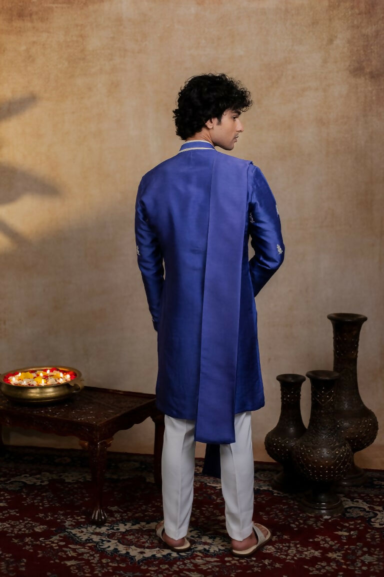 Falling Raw Silk Dark Blue Silver Stitches Kurta Set By Hilo Design - Distacart