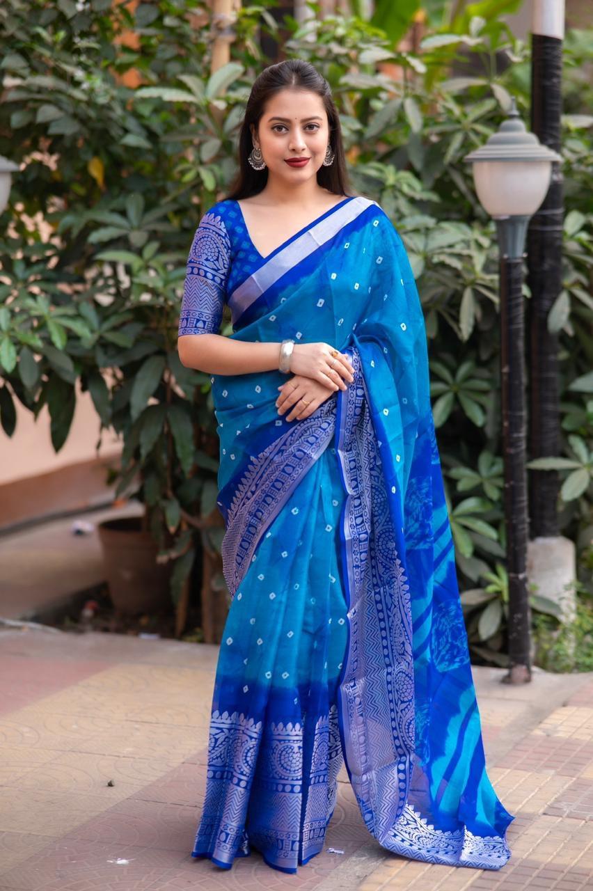 Blue Jute Silk Ethnic Motifs Saree with Unstitched Blouse - A2M - Distacart