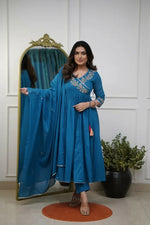 Thumbnail for The52 Petrol Women's Beautiful Parampara Fabric Embroidered Work Flared Kurta Pant and Dupatta Set - Distacart