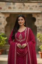 Thumbnail for The52 Women's Beautiful Cotton Fabric Embroidery Work Flared Anarkali Pant and Dupatta Set - Distacart