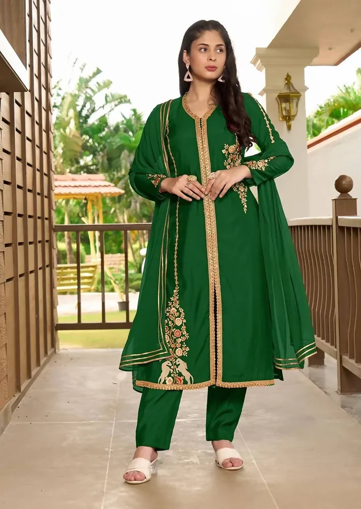 Nikhaar Dark Green Embroidered Art Silk A Line Readymade Pakistani Suit