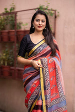 Thumbnail for Red Silk Blend Geometric Saree with Unstitched Blouse - A2M
