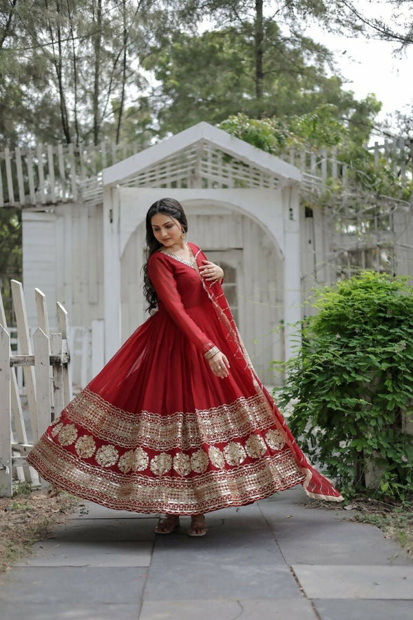 Aastha Fashion Women's Maroon Faux Georgette Sequins Embroidered Anarkali Dress with Dupatta - Distacart