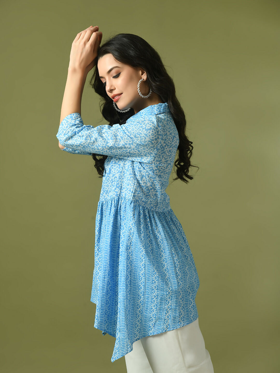 Myshka Women's Blue Embellished Cotton Gathered Party Empire Top - Distacart
