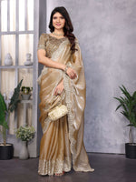 Thumbnail for Vastranavya Beige Embroidery Work Shimmer Chiffon Saree with Unstitched Blouse