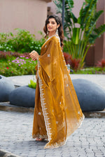 Thumbnail for Vastranavya Brown Embroidery Work Shimmer Chiffon Saree with Unstitched Blouse