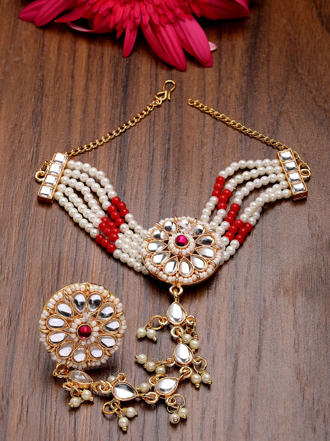 NVR Women's Red Gold-Polished Stone Studded Handcrafted Ring Bracelet - Distacart