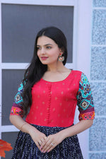Thumbnail for Jyoti Fashion Women's Navy Blue Patola with Foil Print Dola Silk Anarkali Dress - Distacart