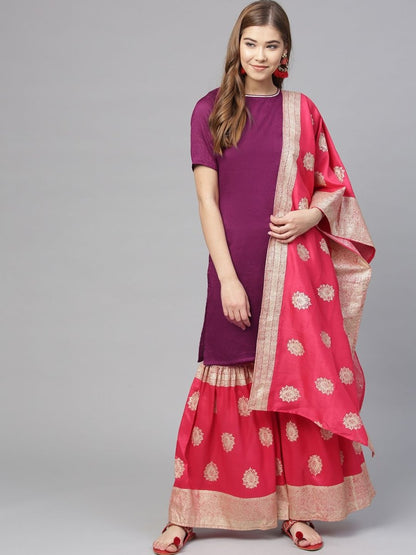 Ahalyaa Women's Purple Poly Silk Solid Kurta and Red Printed Sharara With Dupatta