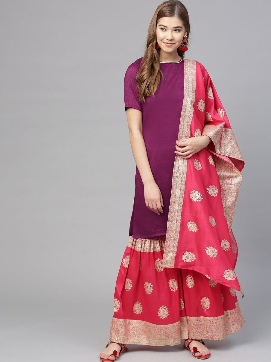 Ahalyaa Women's Purple Poly Silk Solid Kurta and Red Printed Sharara With Dupatta - Distacart