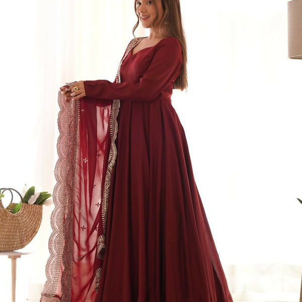 Joban Fashion Maroon Kurta Set Chanderi Sequence Embroidery Work