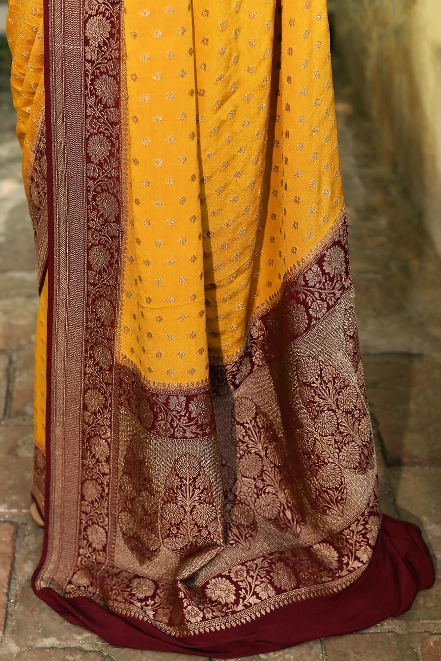 Joban Fashion Yellow Crepe Chiffon Pure Handloom Banarasi Silk Saree