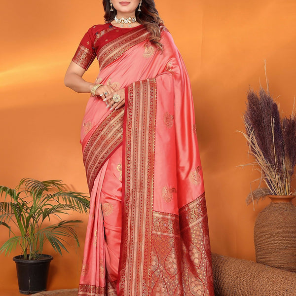 Joban Fashion Banarasi Peach Small Butti Soft Silk Saree - Distacart