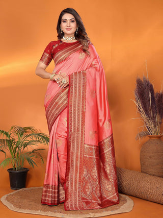 Joban Fashion Banarasi Peach Small Butti Soft Silk Saree