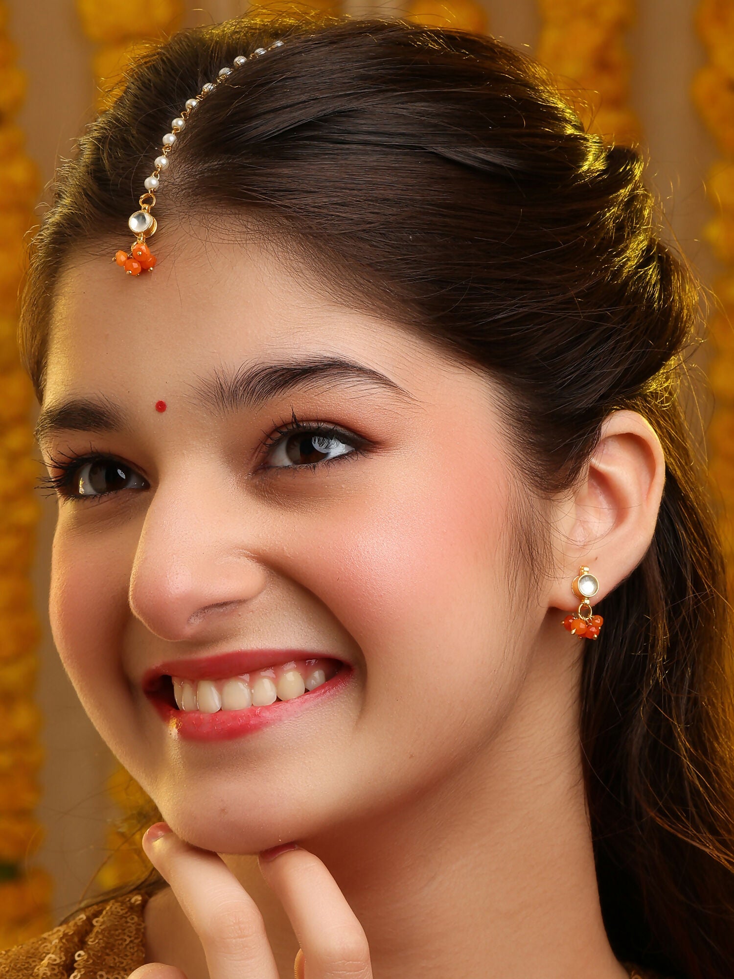 Ruby Raang Mannat Set Of 2 - Orange Embedded Maang Tikka And Earrings