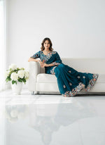 Thumbnail for Teeya Creation Womens New Fancy Embroidery Work Saree-Teal - Dista