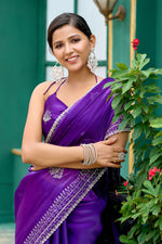 Thumbnail for Vastranavya Purple-Blue Embroidery Work Shimmer Chiffon Saree with Unstitched Blouse