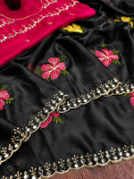 Thumbnail for Teeya Creation Black Rangoli Silk Embroidery Work Party Wear Designer Saree - Distacart