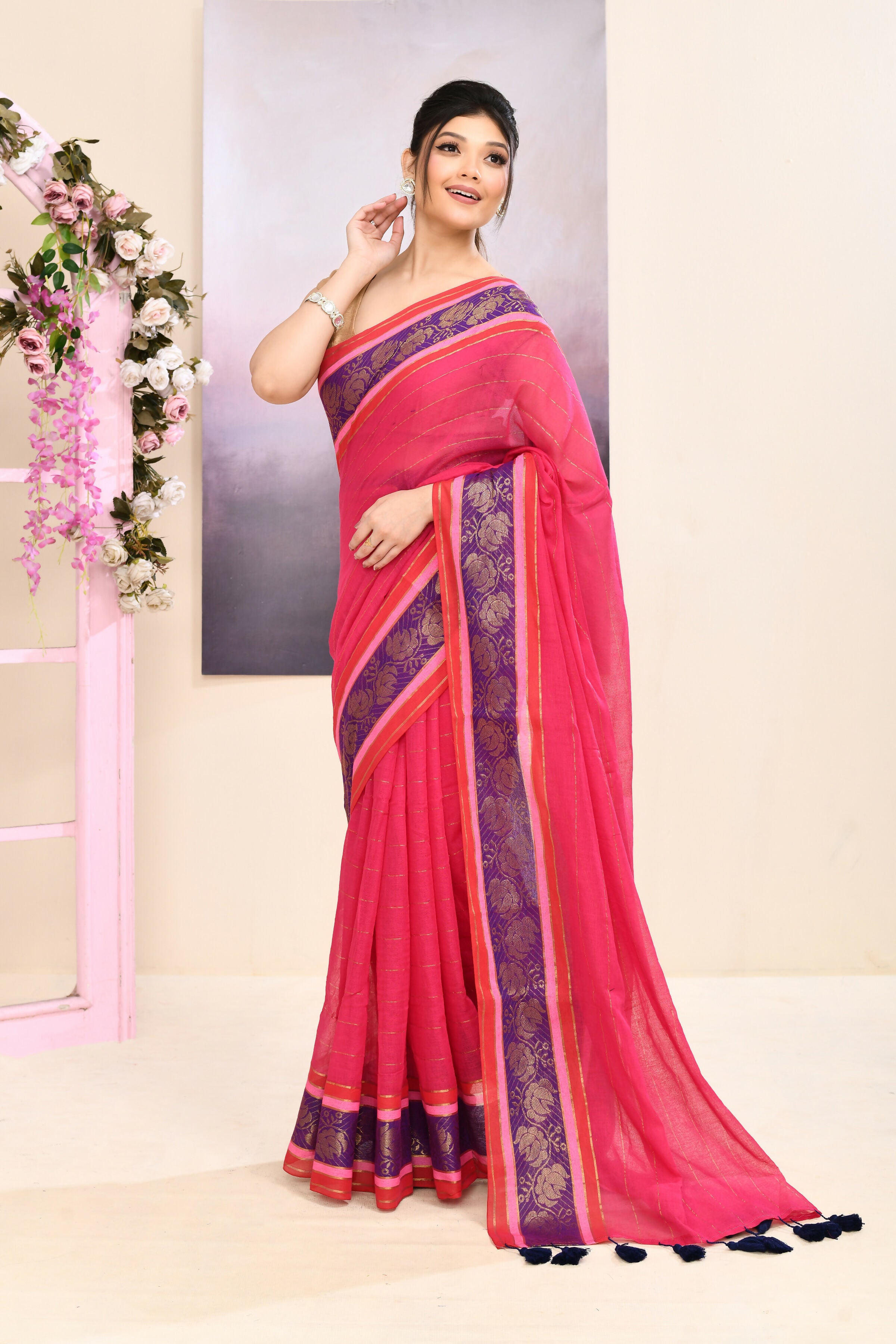 Piyari Fashion Women's Rani Pink Embellished Zari Border Cotton Saree - Dista