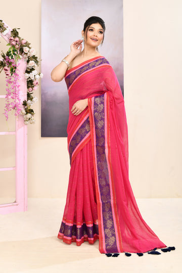 Piyari Fashion Women's Rani Pink Embellished Zari Border Cotton Saree - Dista