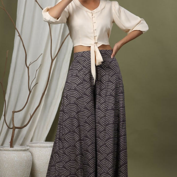 Juniper Grey Ethnic Motif Printed Rayon Flared & Kalidar Palazzo - Distacart