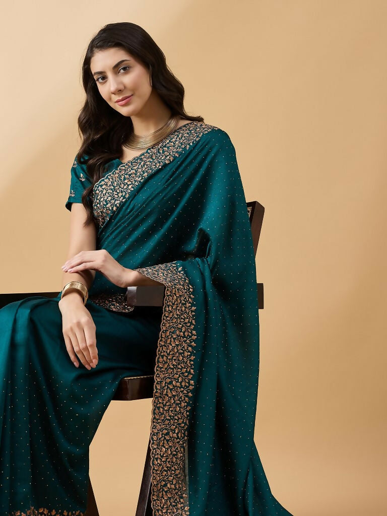 Teal Silk Blend Embroidered Saree with Unstitched Blouse - Vairagi - Distacart