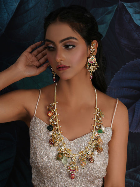 Long Kundan Neckpiece with Earrings with Multi Stones Jewellery Set (Gold) - Ruby Raang - Distacart
