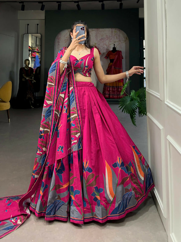 Vastranavya Fancy Floral Print With Foil Work Polyester Viscose Chanderi Lehenga Choli - Rani Pink - Distacart