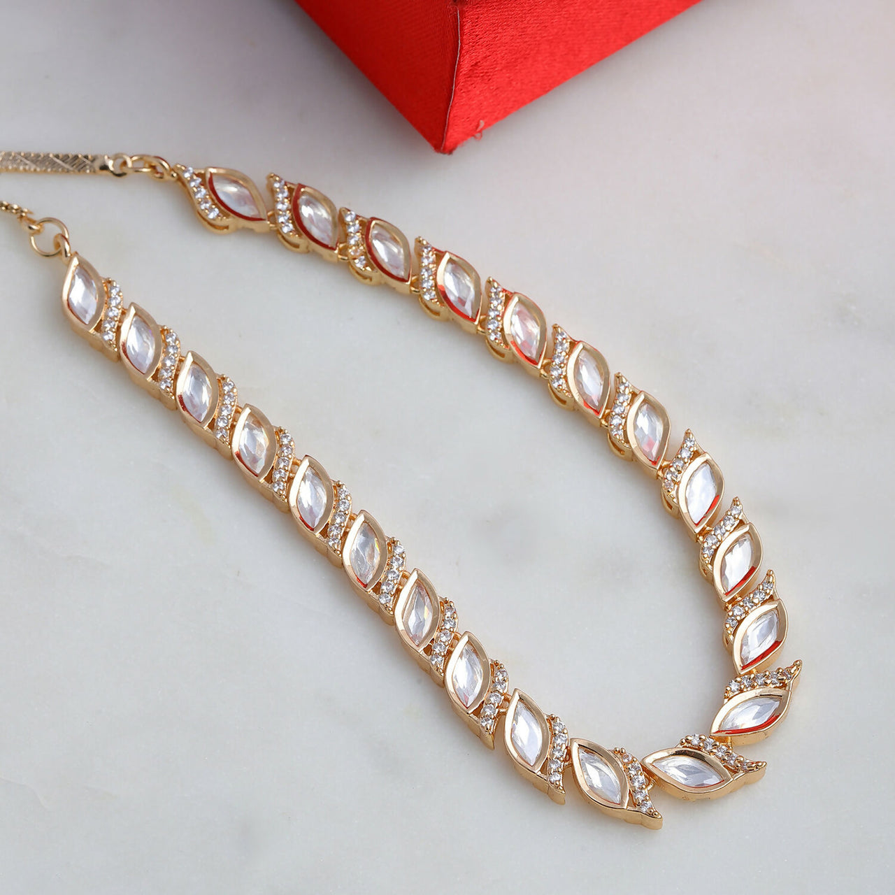 Leaf Shaped Neckpiece in Kundan and American Diamonds (Gold) - Ruby Raang - Distacart