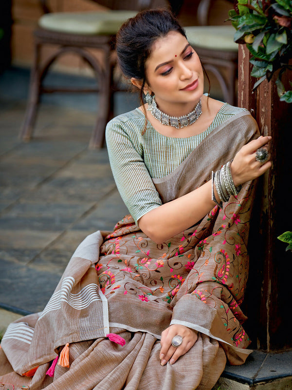 Astita Linen Brown Saree