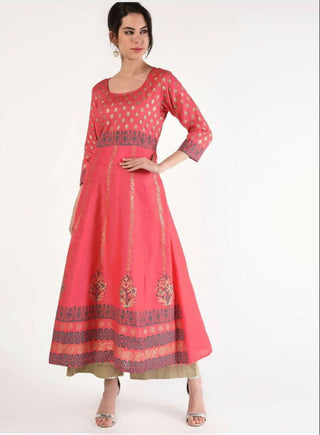 Cheera Women Stylish Hand Block Printed Cotton Blend Flared Kurta - Peach - Distacart