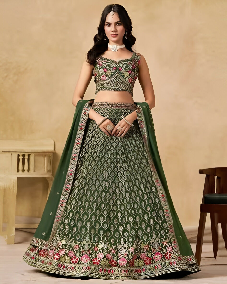 Women’s Semi-Stitched Green Georgette Zari Sequence Thread Embroidery Work Lehenga Choli With Georgette Dupatta-Jihu Culture - Dista