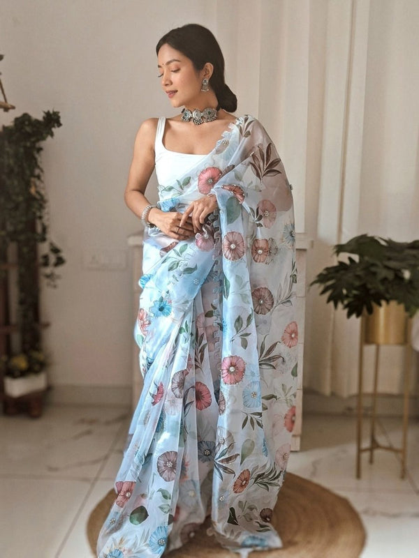Anouk Floral Printed Beads and Stones Organza Saree