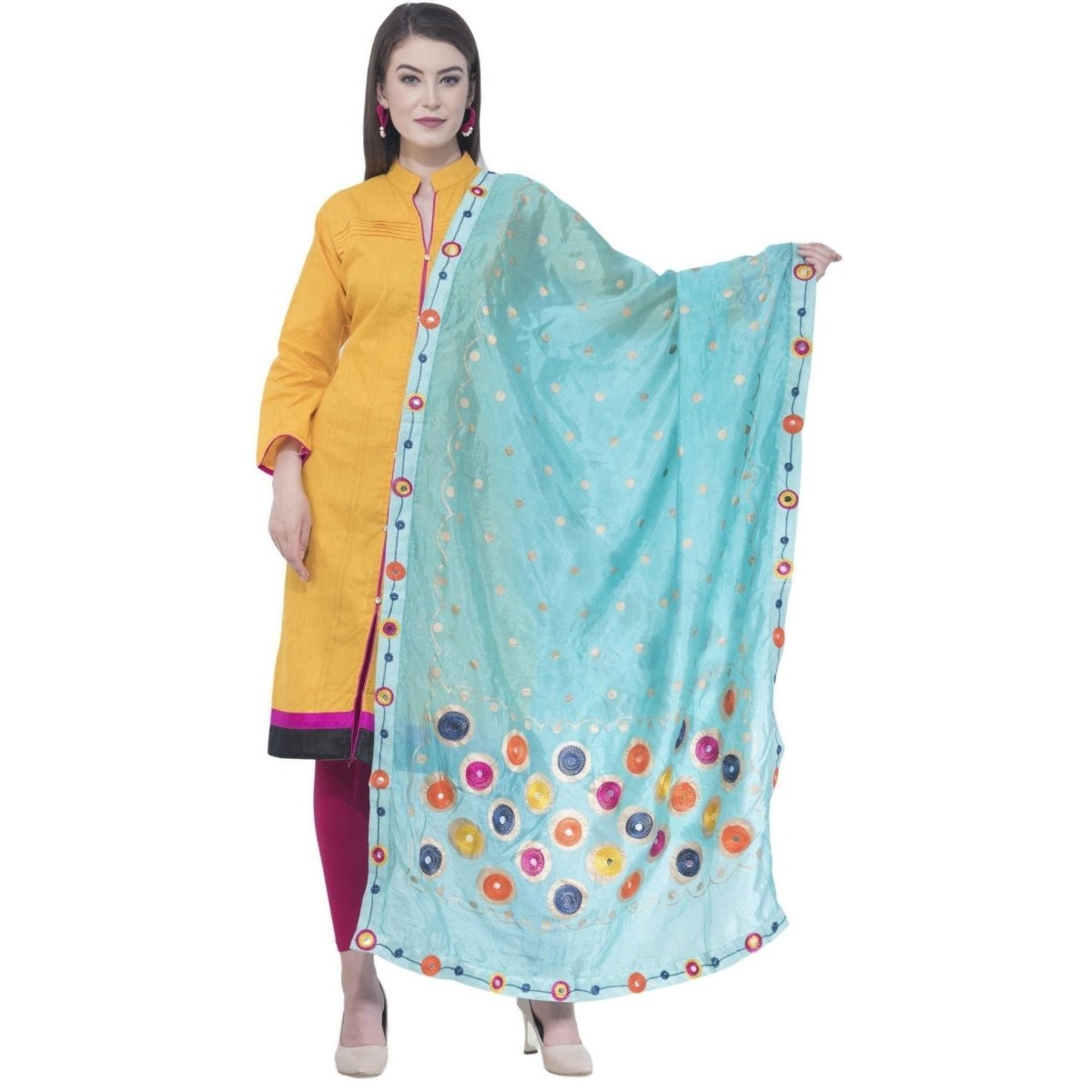 A R SILK Light Firozi Color Silk Multi Rasgulla Dupattas and Chunnis