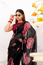 Thumbnail for Vastranavya Black Floral Print with Lace Border work Chiffon Saree & Unstitched Blouse - Distacart
