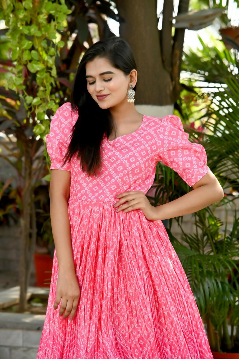 Jyoti Fashion Women's Pink Bandhej Print with Crush Pleating Muslin Anarkali Dress - Distacart